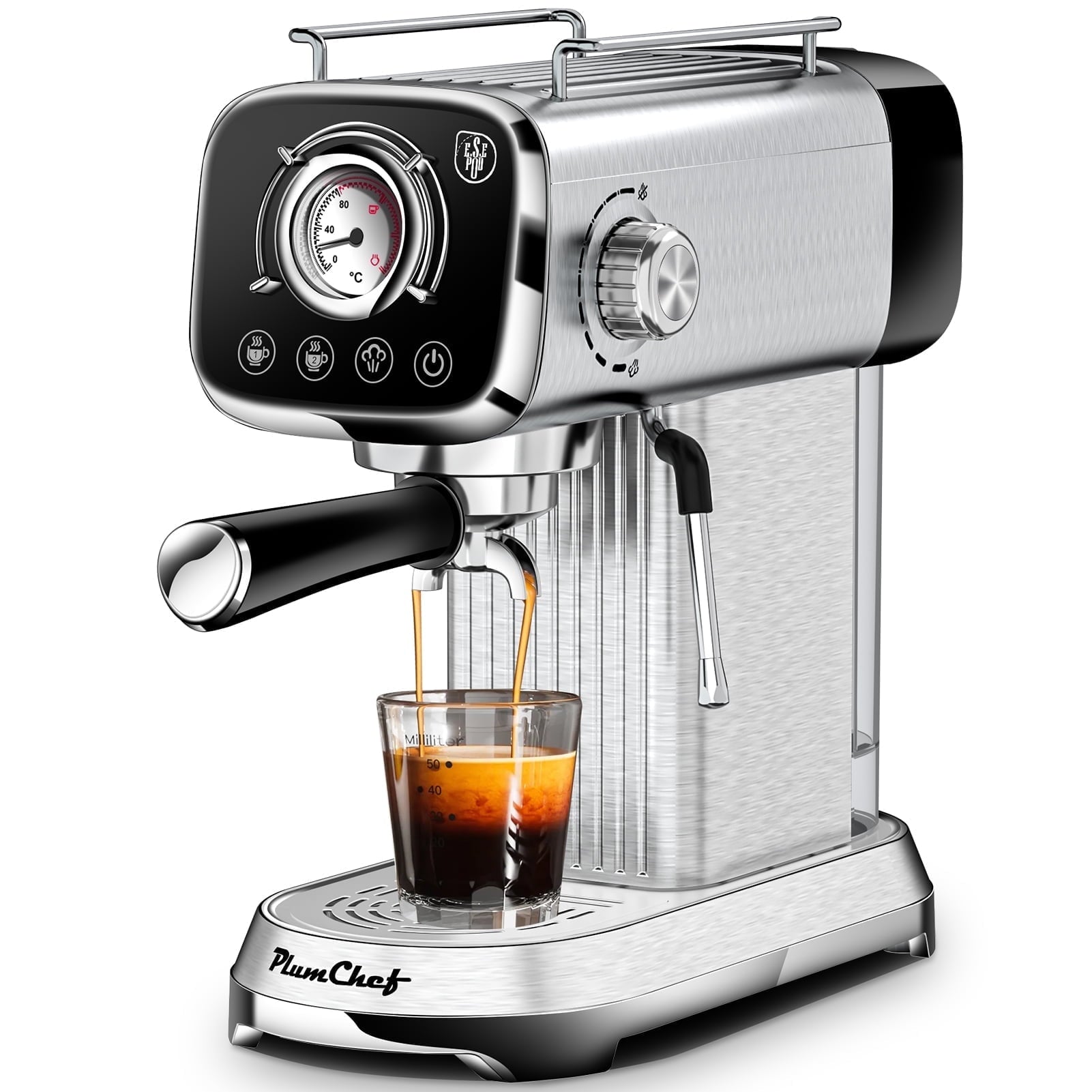 Plum Chef Espresso Coffee Maker 20 Bar Pump Cappuccino Latte Maker with ESE POD Filter&Milk Frother Steam Wand, 0.8L Water Tank, for Home Barista, 1350W, Stainless steel