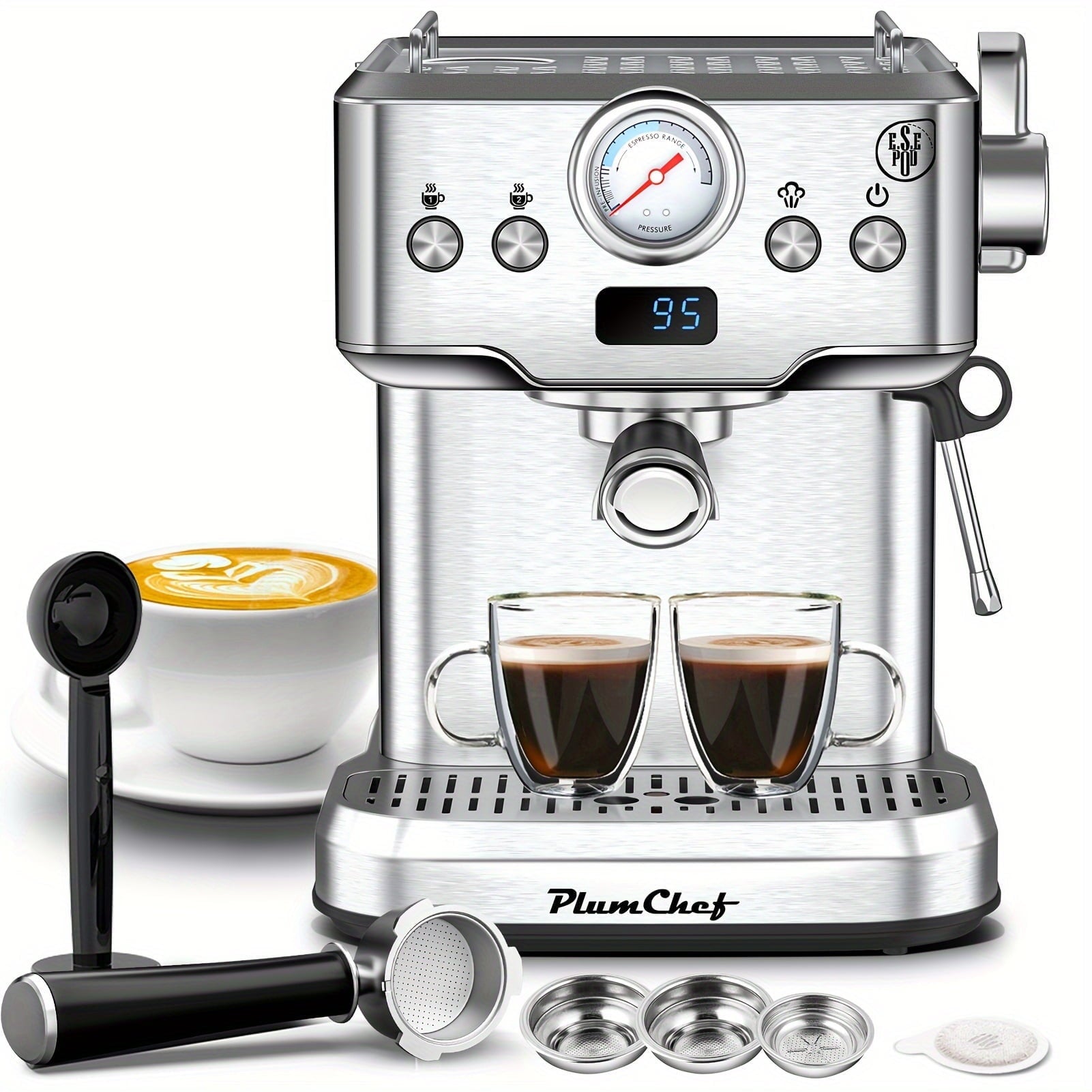 Plum Chef High-Pressure Espresso Machine, Stainless Steel, High-Pressure Coffee Brewer, 1.8L Water Tank, Pressure Gauge, Specialty Drinks, Great for Home Use, Ideal for Coffee Enthusiasts
