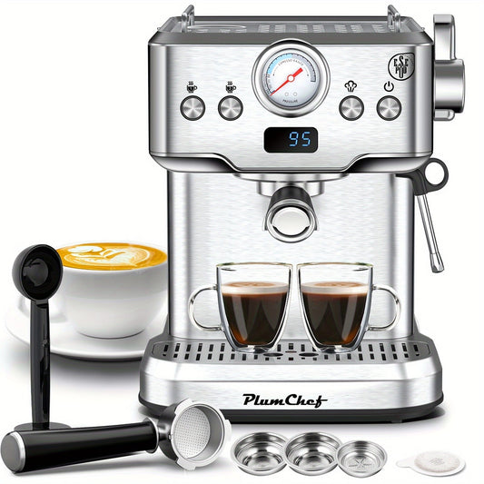 Plum Chef High-Pressure Espresso Machine, Stainless Steel, High-Pressure Coffee Brewer, 1.8L Water Tank, Pressure Gauge, Specialty Drinks, Great for Home Use, Ideal for Coffee Enthusiasts