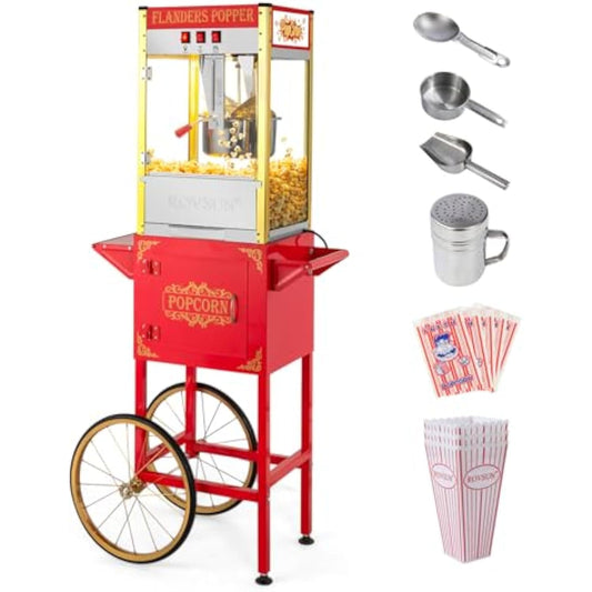 Popcorn Machine with Cart, Wheels & 10 Oz Kettle Makes Up to 4 Gallons, Popcorn Maker with Stainless Steel Scoop, Oil Spoon, Bags & 3 Popcorn Cups for Commercial Home Movie Theater