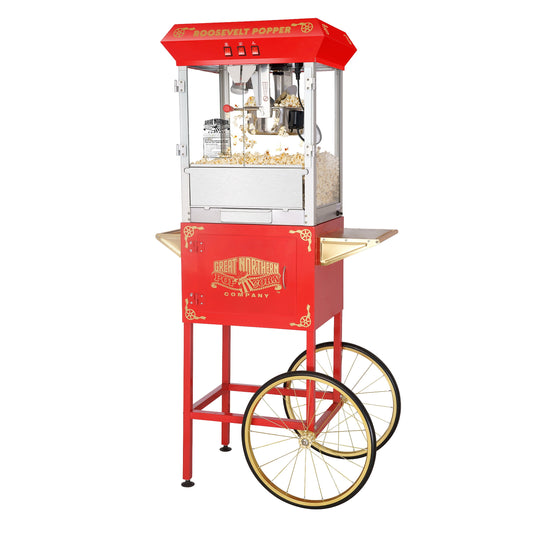 Popcorn Machine with Cart – 8oz Popper with Stainless-Steel Kettle, Heated Warming Deck, and Old Maids Drawer by Great Northern Popcorn (Red)
