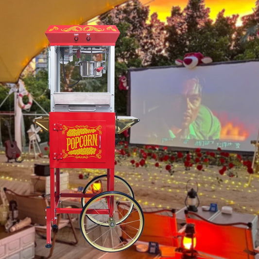 Popcorn Machine with Cart – 8oz Popper with Stainless-steel Kettle, Heated Warming Deck, and Old Maids Drawer,Red