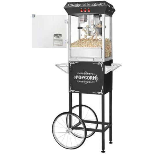 Popcorn Maker Machine with Cart - 8oz Stainless Steel Kettle Makes up to 48 Cups - Movie Theater Style Vintage Popcorn Machine Cart on Wheels by Great Northern Popcorn (Black)