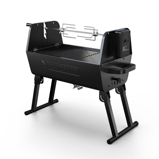 Brand-Man Portable 2-in-1 Charcoal Grill and Rotisserie, Foldable Design with Spit Roaster, Black
