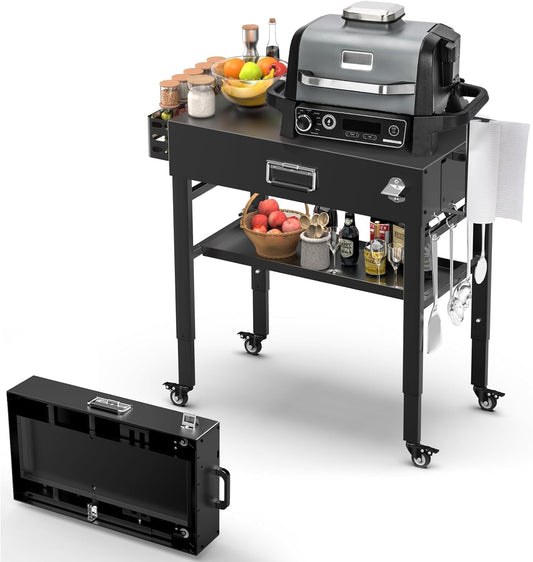 Portable Grill Table Cart with Adjustable Height (28" & 34") & 4 Swivel Wheels for Ninja Woodfire Grill (OG700 Series), Blackstone Griddle, Ooni Pizza Oven – Universal Foldable Outdoor Grill Stand