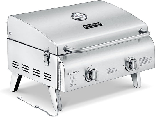 Portable Stainless Steel Gas Grill - 2 Burners Easy Clean Tabletop BBQ Propane Gas Grill with Foldable Legs and Wind Proof Lid for Camping and Outdoor - Silver