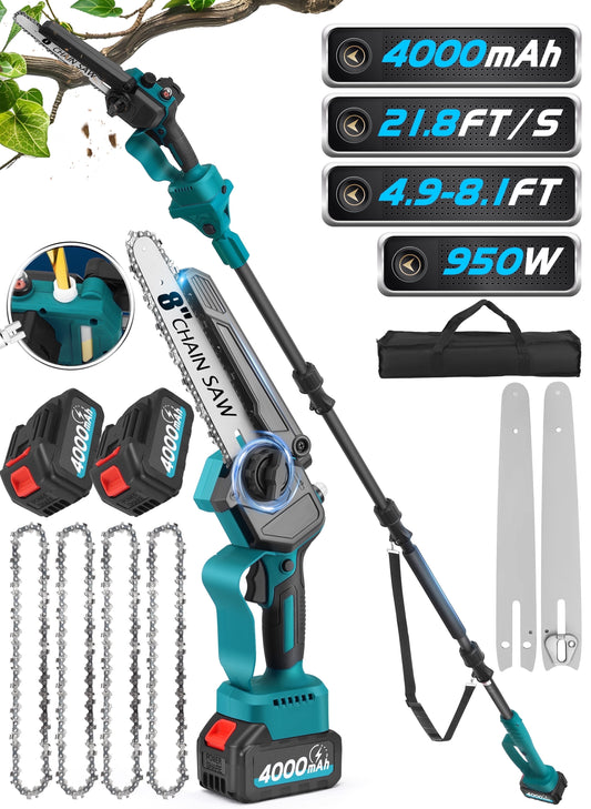 RELOIVE 2-in-1 Brushless Pole Saw & 8" Chainsaw, 21V 4000mAh 14.1ft Cordless for Tree Trimming/Wood Cutting