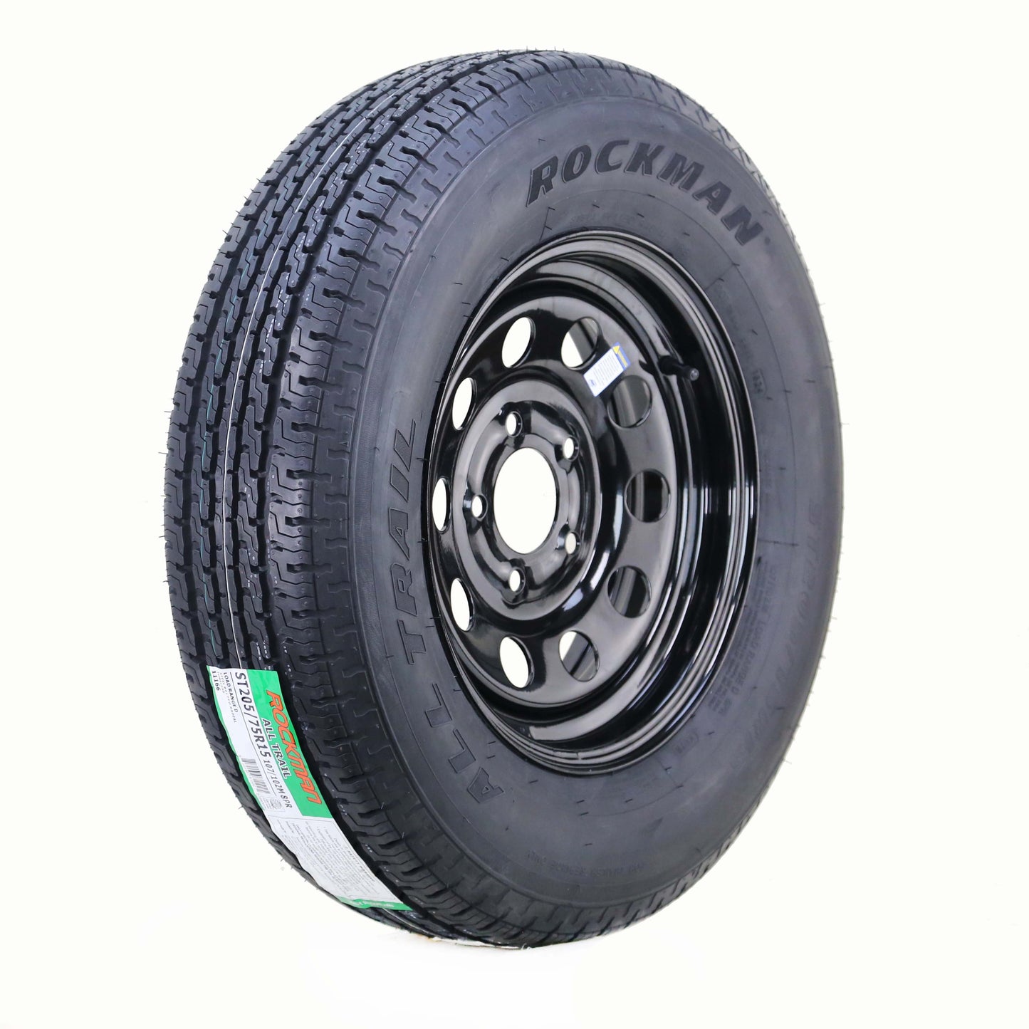 ROCKMAN Trailer Tire Wheel Assembly ST205/75R15 8-Ply D 107M 5 Lug on 5" PCD Black Mod Rim