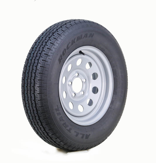 ROCKMAN Trailer Tire Wheel Assembly ST205/75R15 8-Ply D 107M 5 Lug on 5" PCD Silver Mod Rim