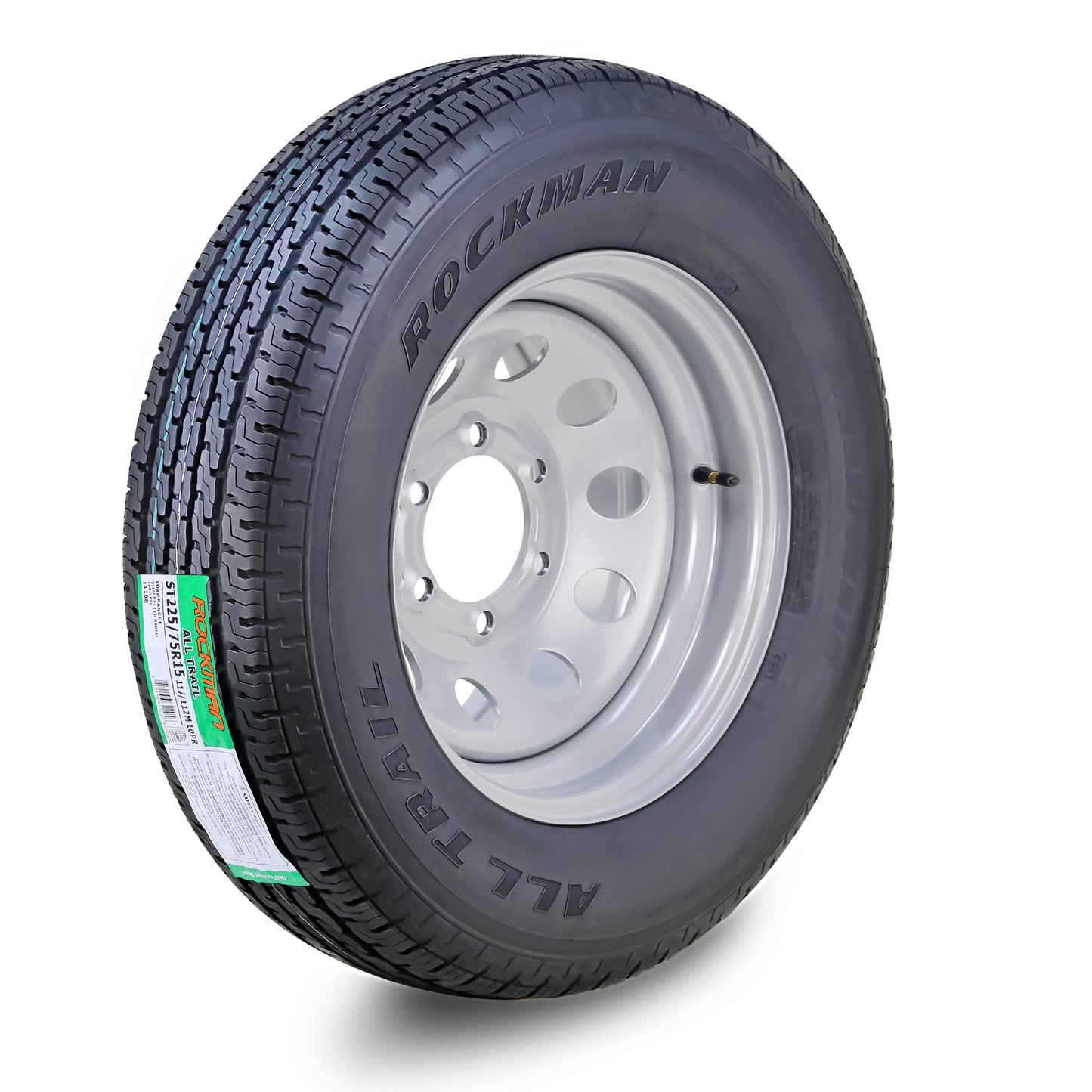 ROCKMAN Trailer Tire Wheel Assembly ST225/75R15 10-Ply E 117M 6 Lug on 5.5" PCD Silver Mod Rim