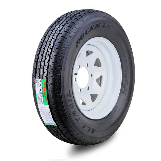 ROCKMAN Trailer Tire Wheel Assembly ST225/75R15 10-Ply E 117M 6 Lug on 5.5" PCD White Spoke Rim
