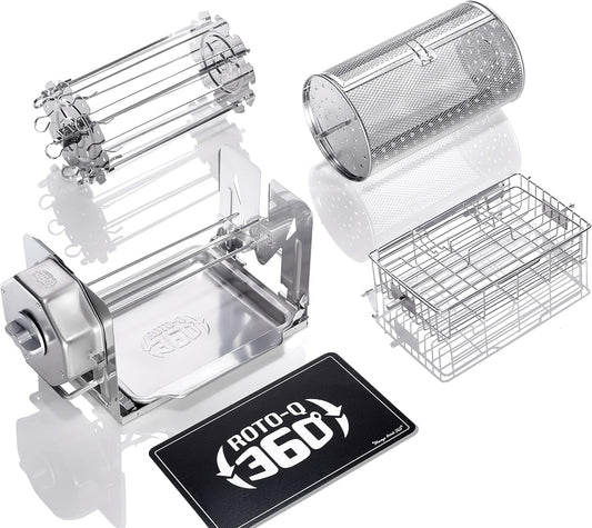 ROTO-Q 360 Family Bundle - Cordless Rotisserie Kit for Grills, Ovens, Smokers - Non-Electric Spit Roaster - Indoor/Outdoor BBQ - Stainless Steel Construction - includes Rotisserie Attachments
