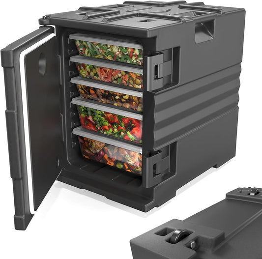 ROVSUN 82 QT Hot Box Food Warmer, Insulated Food Pan Carrier for 5 Full-Size Pan w/Wheels Double Buckles and Handles, Stackable Hot Boxes for Catering Restaurant Canteen Family Party
