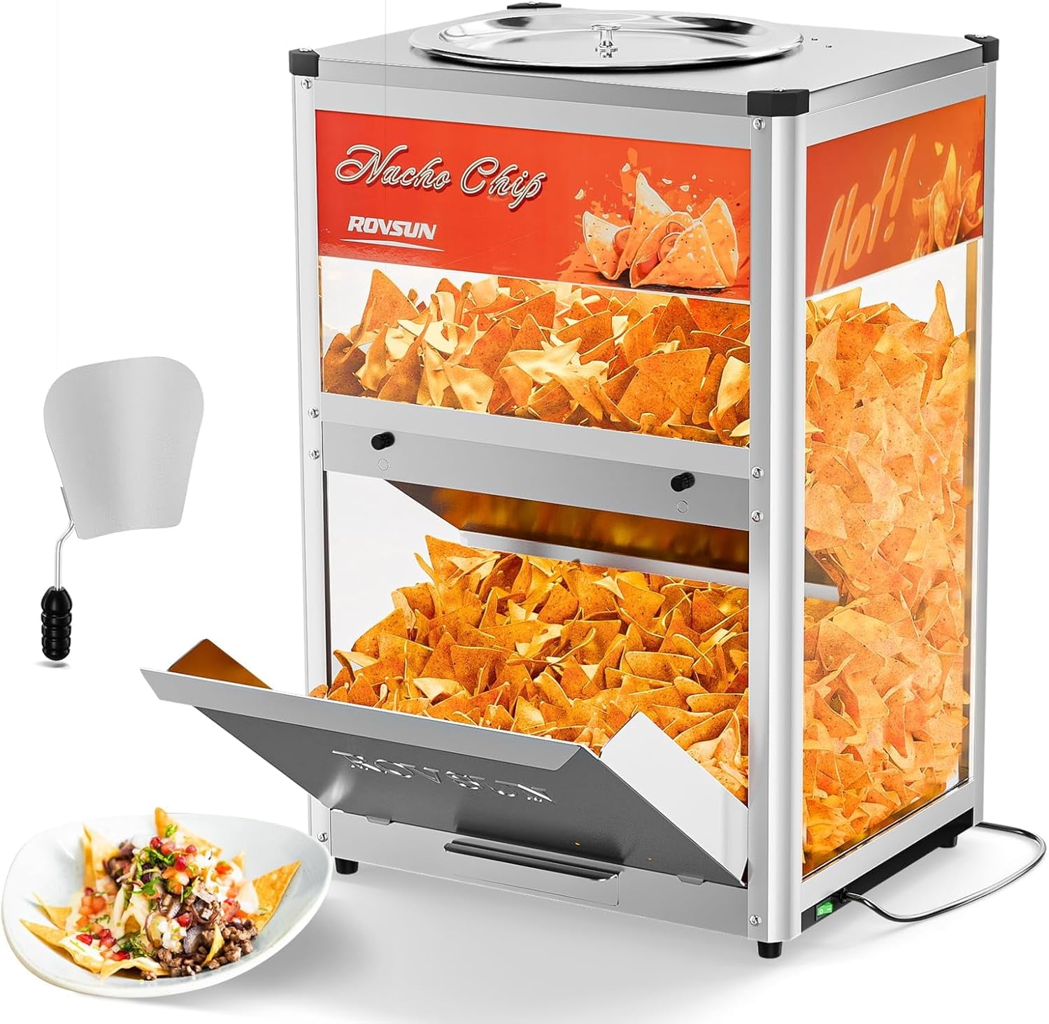 ROVSUN Nacho Chip Warmer, Nacho Machine Food Warmer Display Case Countertop with Warming Light Glass Door Scoop Removable Deflection for Chips Peanuts Popcorn Stainless Steel