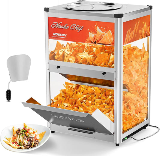 ROVSUN Nacho Chip Warmer, Nacho Machine Food Warmer Display Case Countertop with Warming Light Glass Door Scoop Removable Deflection for Chips Peanuts Popcorn Stainless Steel