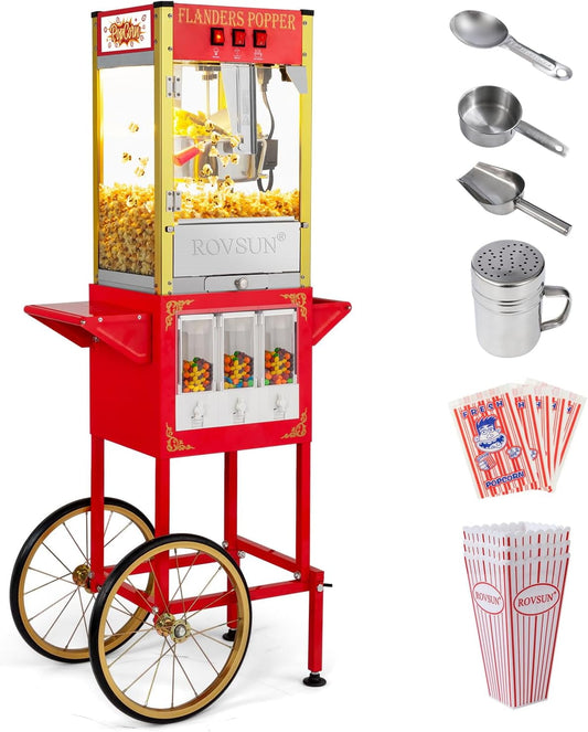 ROVSUN Popcorn Machine Movie Theater Style with Cart & Wheels, 8 Ounce Kettle Makes Up to 32 Cups Popcorn Maker with Candy Dispensers Scoop Oil Spoon & 3 Popcorn Cups for Commercial Home, 850W