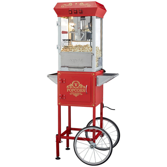 Red 850W Popcorn Maker – 8 Oz Capacity, 48 Cups, Mobile Cart Included