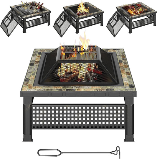Redlife 30 inch Fire Pit, Square Outdoor Fire Pit Table with Mesh Lid & Poker, 3-in-1 Firepits Gift for Outside, for Yard, Garden, Patio