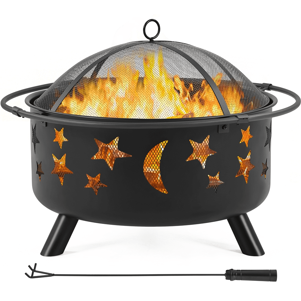 Renwick 30'' Metal Round Fire Pit with Stars Moons Pattern, Black