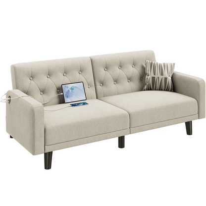 Renwick 63in Convertible Futon Sofa Bed with USB Ports for Living Room, Dark Gray