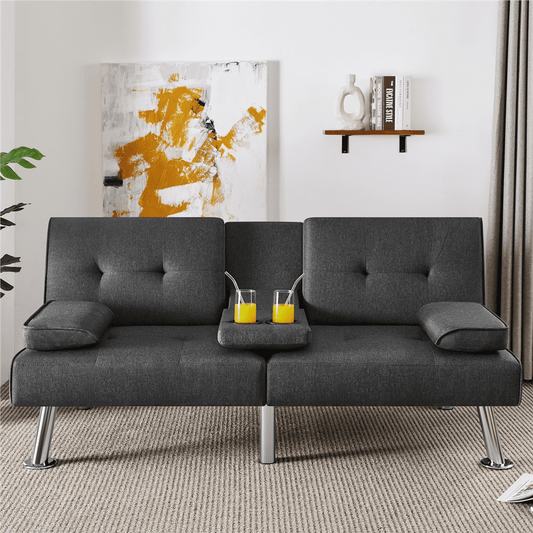 Renwick Fabric Upholstered Convertible Futon Sofa Bed with Cup Holders and Pillows, Dark Gray