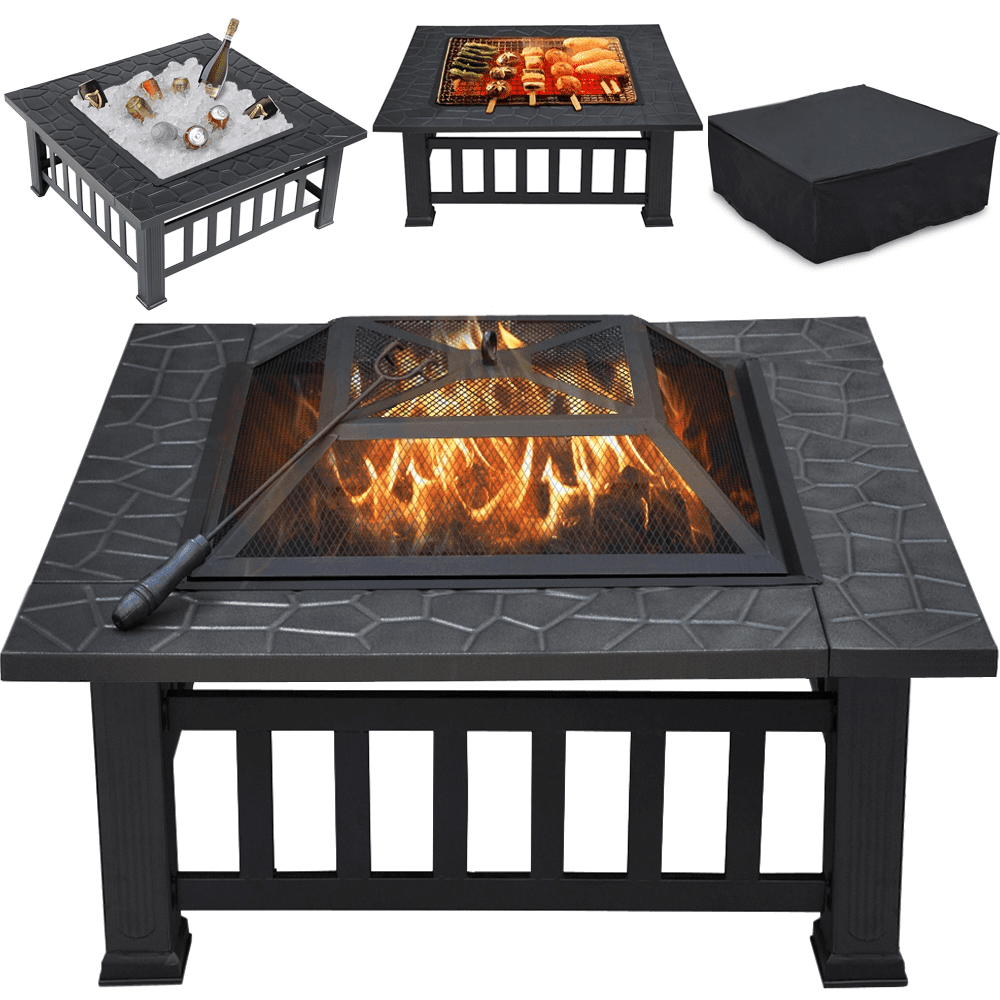 Renwick Outdoor 32'' Square Metal Fire Pit with Cover and Poker, Black