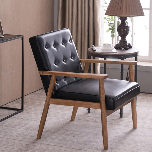 Retro Modern Wooden Single Chair,Modern Design for Office, Living Room & Bedroom Black PU