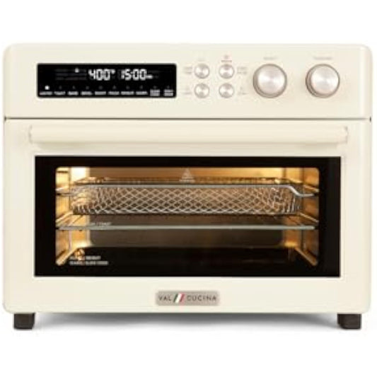 Retro Style Infrared Heating Air Fryer Toaster Oven, Extra Large Countertop Convection Oven 10-in-1 Combo, 6-Slice Toast, Enamel Baking Pan Easy Clean with Recipe Book, Almond Yellow Color