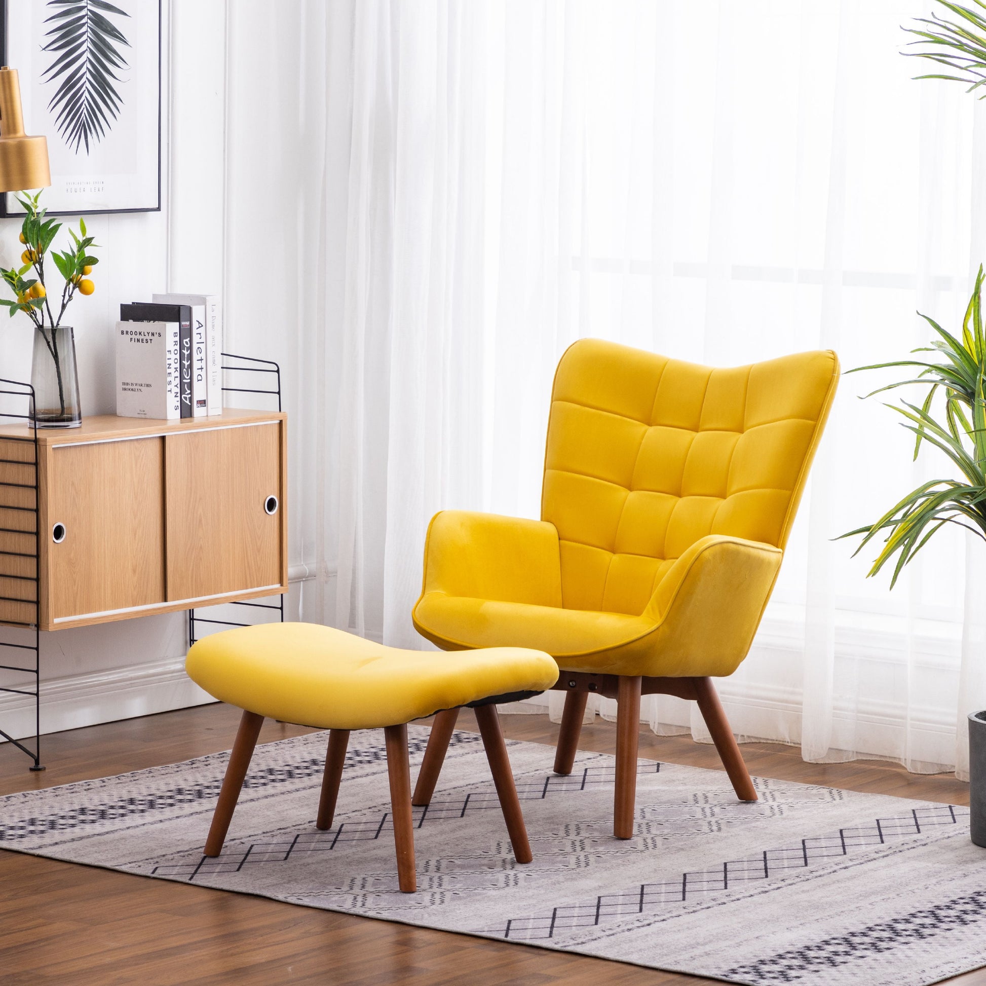 Roundhill Furniture Leiria Velvet Tufted Accent Chair with Ottoman in Yellow