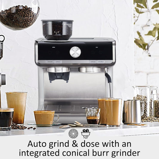 Rugerasy Espresso Machine With Grinder,Stainless Steel Finish 20 Bar Semi-Automatic Espresso Coffee Maker With Milk Frother Steamer Wand Cappuccino Latte Macchiato,95 OZ Water Tank,,Gray