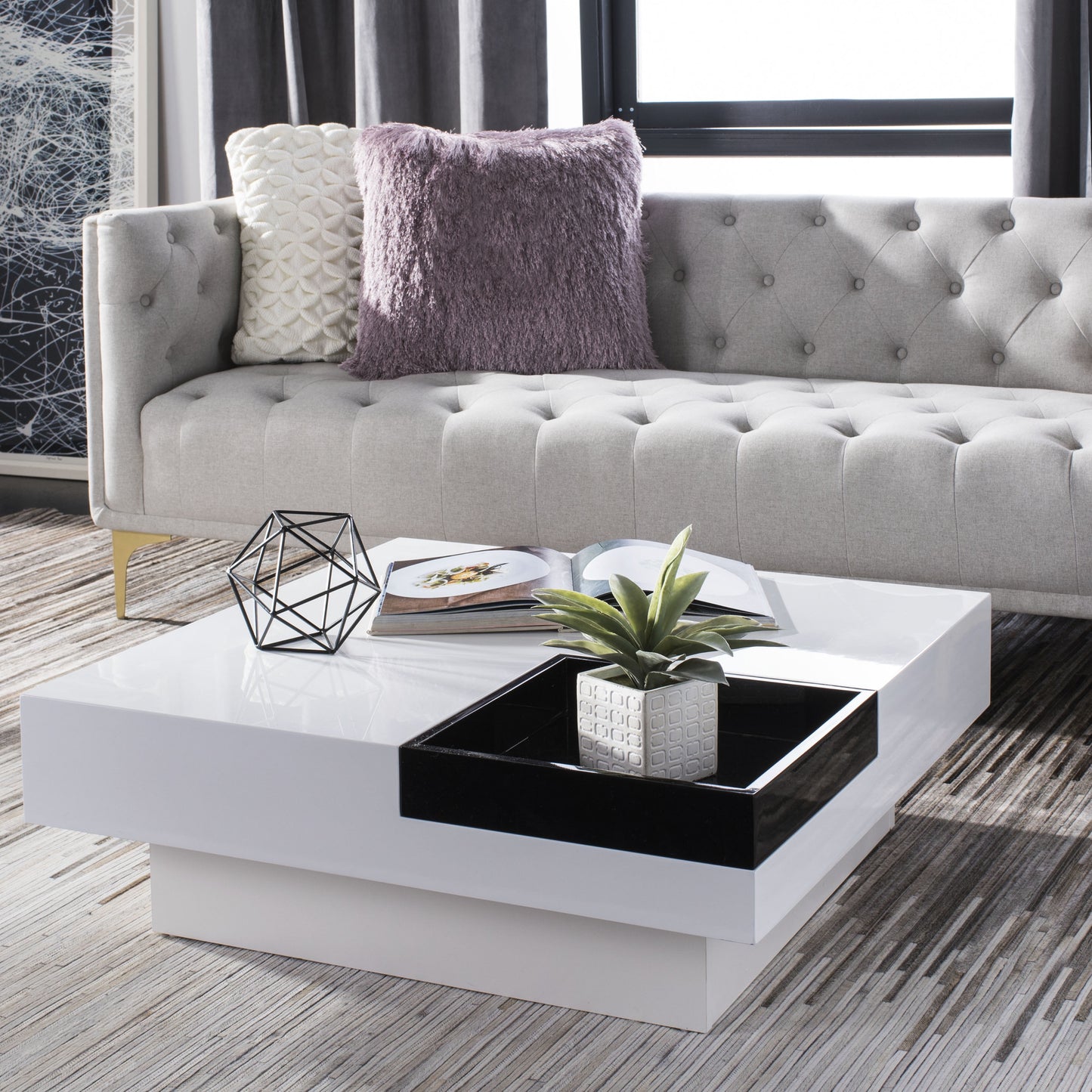SAFAVIEH Wesley Mid-Century Glam Coffee Table with Removable Tray, White/Black