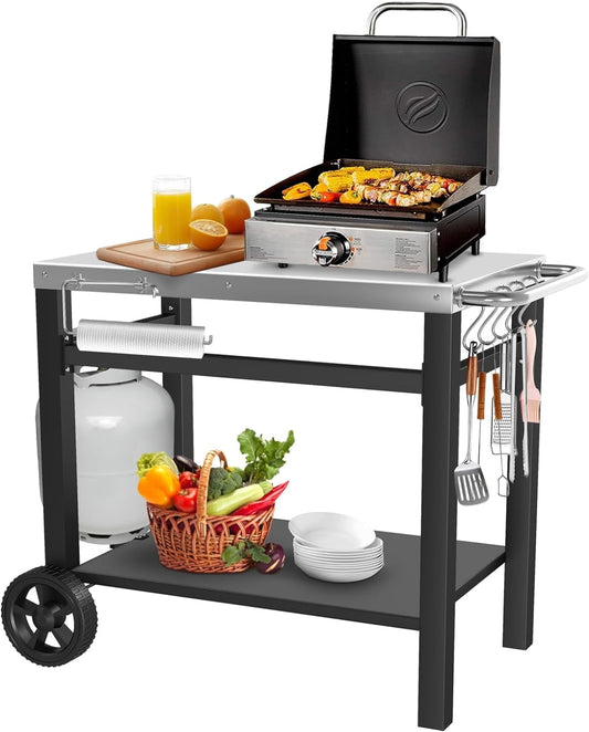 SEARGLOW Extra Large Stainless Steel Outdoor Kitchen Grill Table Cart, Movable Dining, Pizza Oven Stand, BBQ Grill Cart Cooking