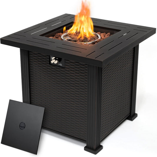 SEGMART 28'' Outdoor Gas Fire Pit Table, 40,000 BTU Propane Patio Heater with Lid and Lava Rocks, Propane Fire Pit Table with Auto-Ignition for Garden Patio Backyard Picnic