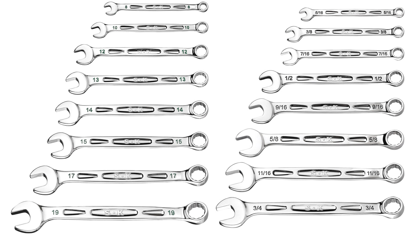 SK Hand Tools SK01368 16 Piece Metric/SAE Combination Wrench Set - Small Sized EVA