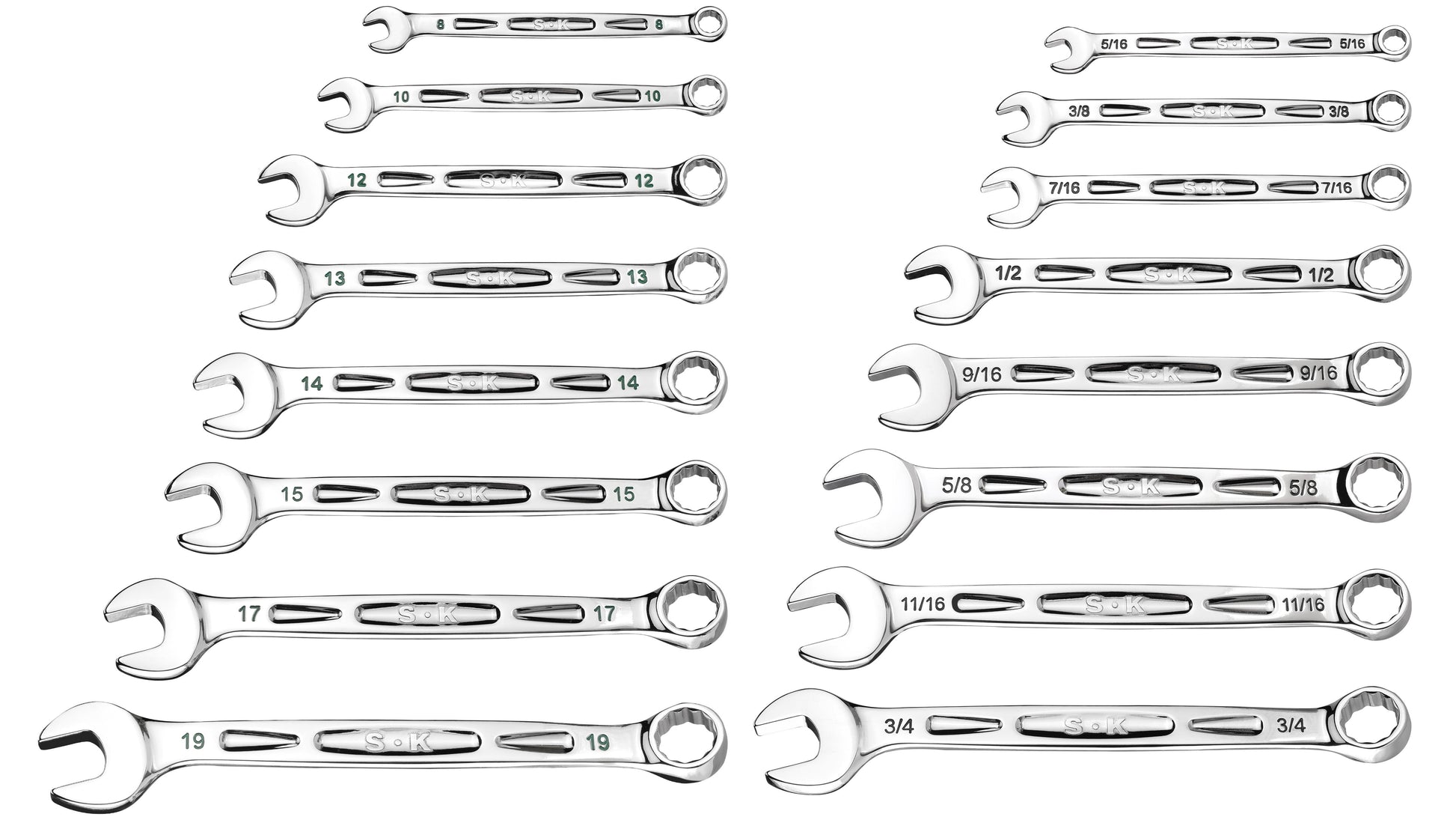 SK Hand Tools SK01368 16 Piece Metric/SAE Combination Wrench Set - Small Sized EVA