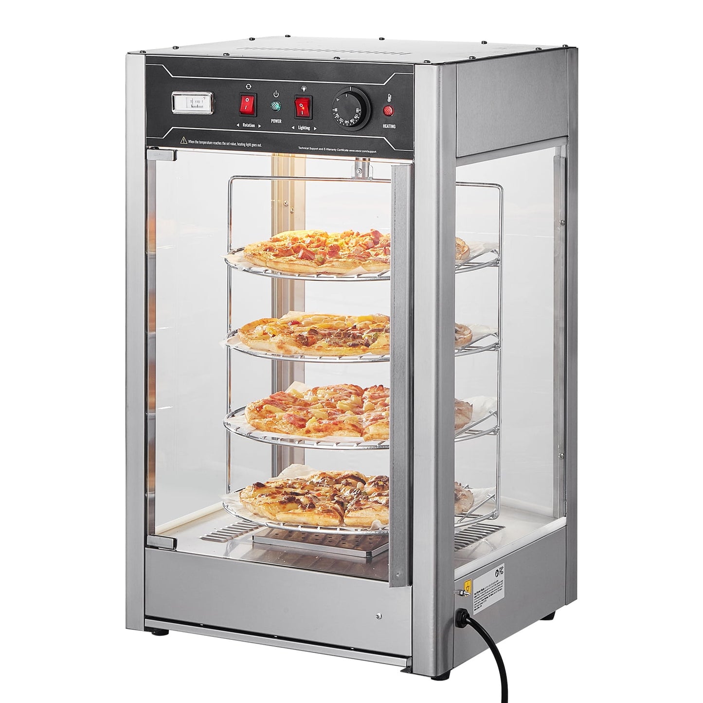 KFFKFF 4-Tier Pizza Display Warmer, Rotating Steam Heat, 86℉-185℉ Adjustable Temp, Temp Display, 25W Oven Light & LED Top for Pizza Stores, Restaurants