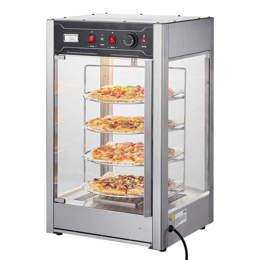 KFFKFF 4-Tier Pizza Display Warmer, Rotating Steam Heat, 86℉-185℉ Adjustable Temp, Temp Display, 25W Oven Light & LED Top for Pizza Stores, Restaurants
