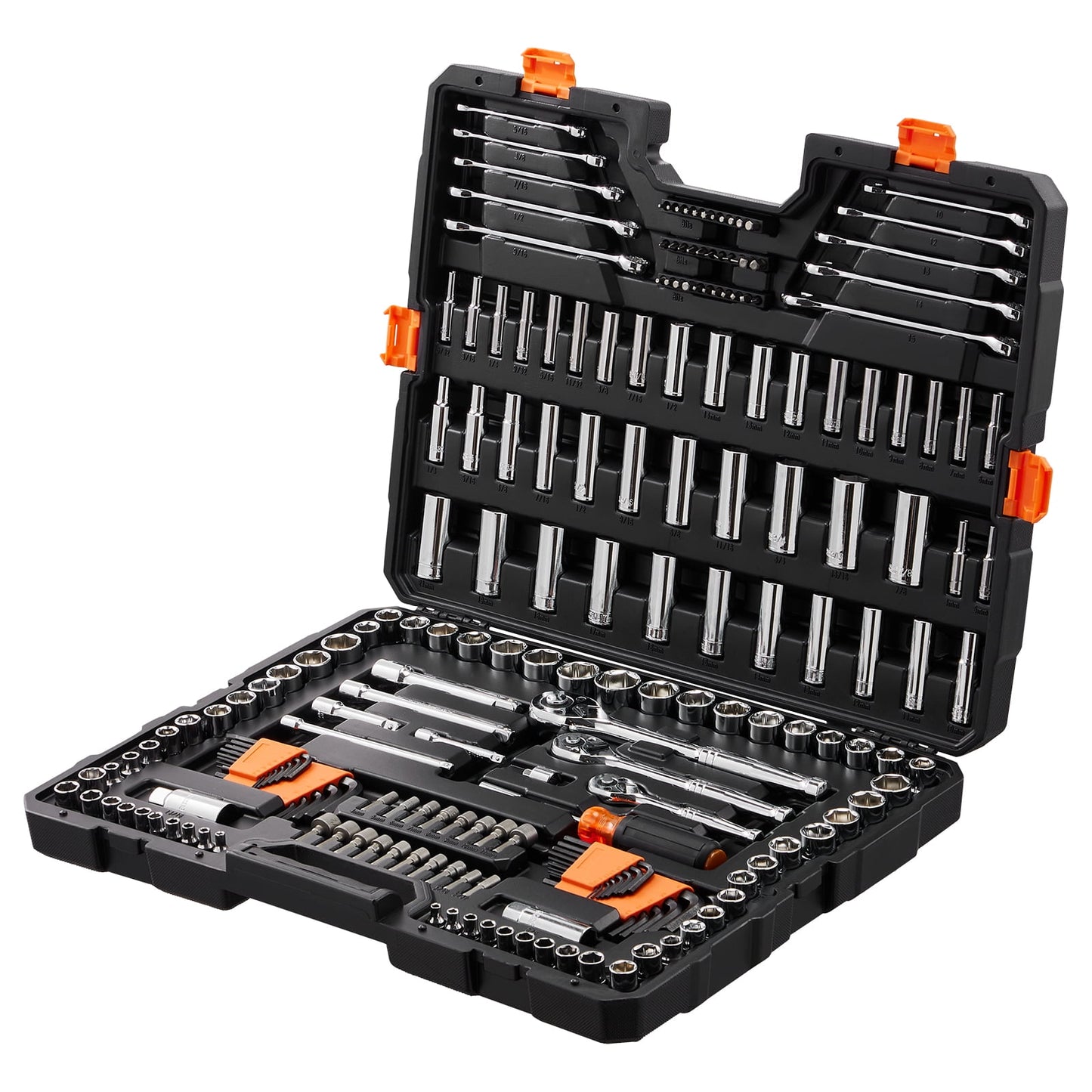 KFFKFF Mechanics Tool Set and Socket Set, 1/4" and 3/8" Drive Deep & Standard Sockets, 205 Piece SAE and Metric Mechanic Tool Kit with Bits, Combination Wrench, Hex Wrenches, Accessories