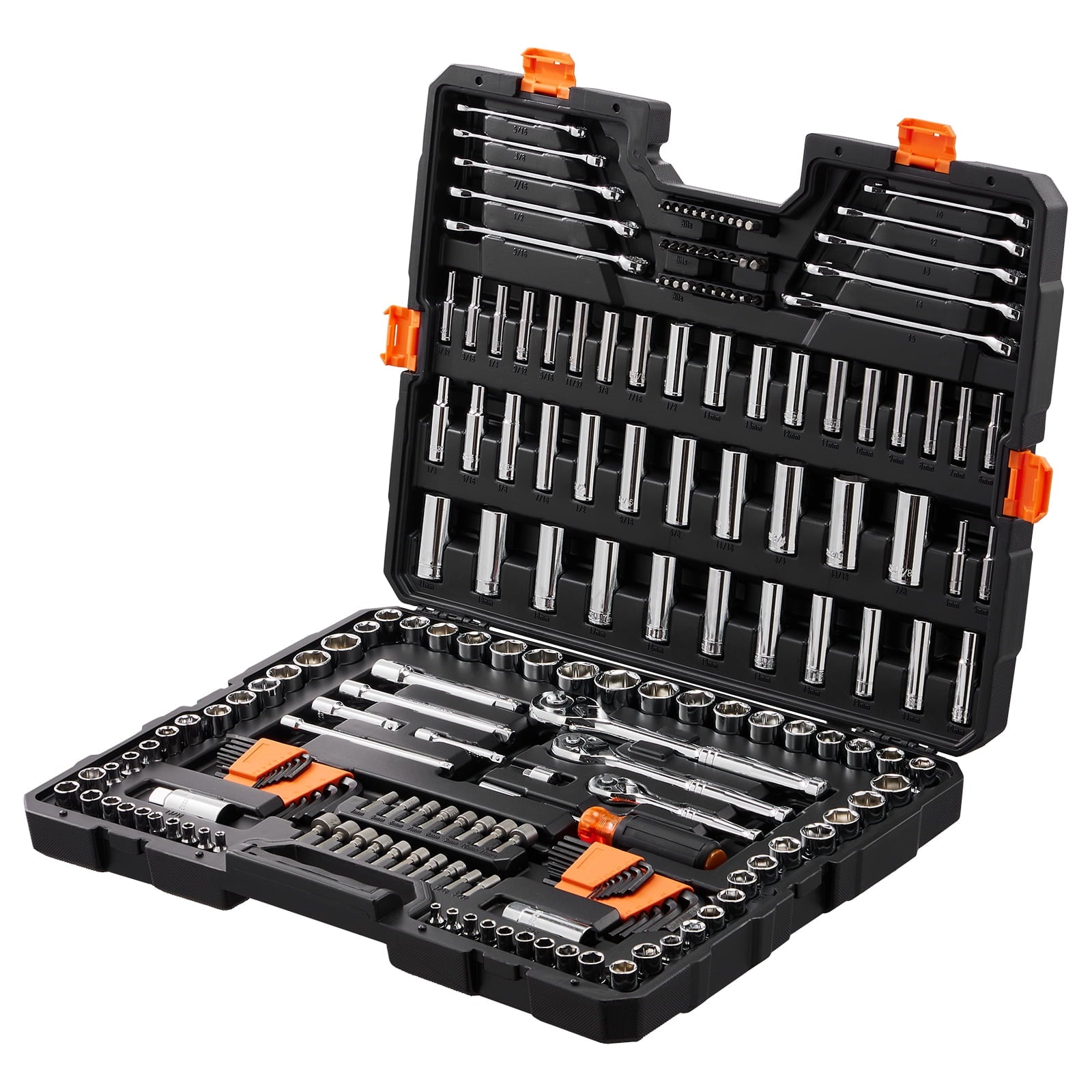 KFFKFF Mechanics Tool Set and Socket Set, 1/4" and 3/8" Drive Deep & Standard Sockets, 205 Piece SAE and Metric Mechanic Tool Kit with Bits, Combination Wrench, Hex Wrenches, Accessories