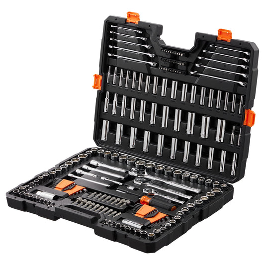 KFFKFF Mechanics Tool Set and Socket Set, 1/4" and 3/8" Drive Deep & Standard Sockets, 205 Piece SAE and Metric Mechanic Tool Kit with Bits, Combination Wrench, Hex Wrenches, Accessories