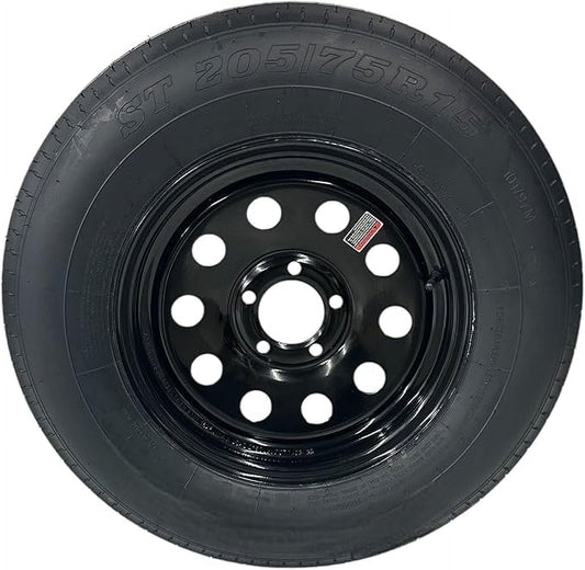 Trailquest ST205/75R15 Radial Trailer Tire, Load Range C 6 Ply 5 Lug Black Modular style rim 5X4.5" Bolt Pattern. REPLACES F78 OR D15 - INCLUDES WARRANTY