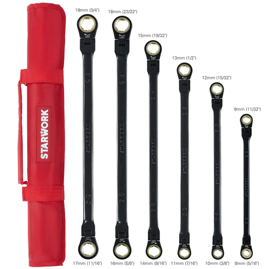 STARWORK TRUE MECHANIC™ 6-Piece 120T SAE&Metric, Flex-Head Double Box End, Extra Long Ratcheting Wrench Set, With Roll-Up Pouch Bag