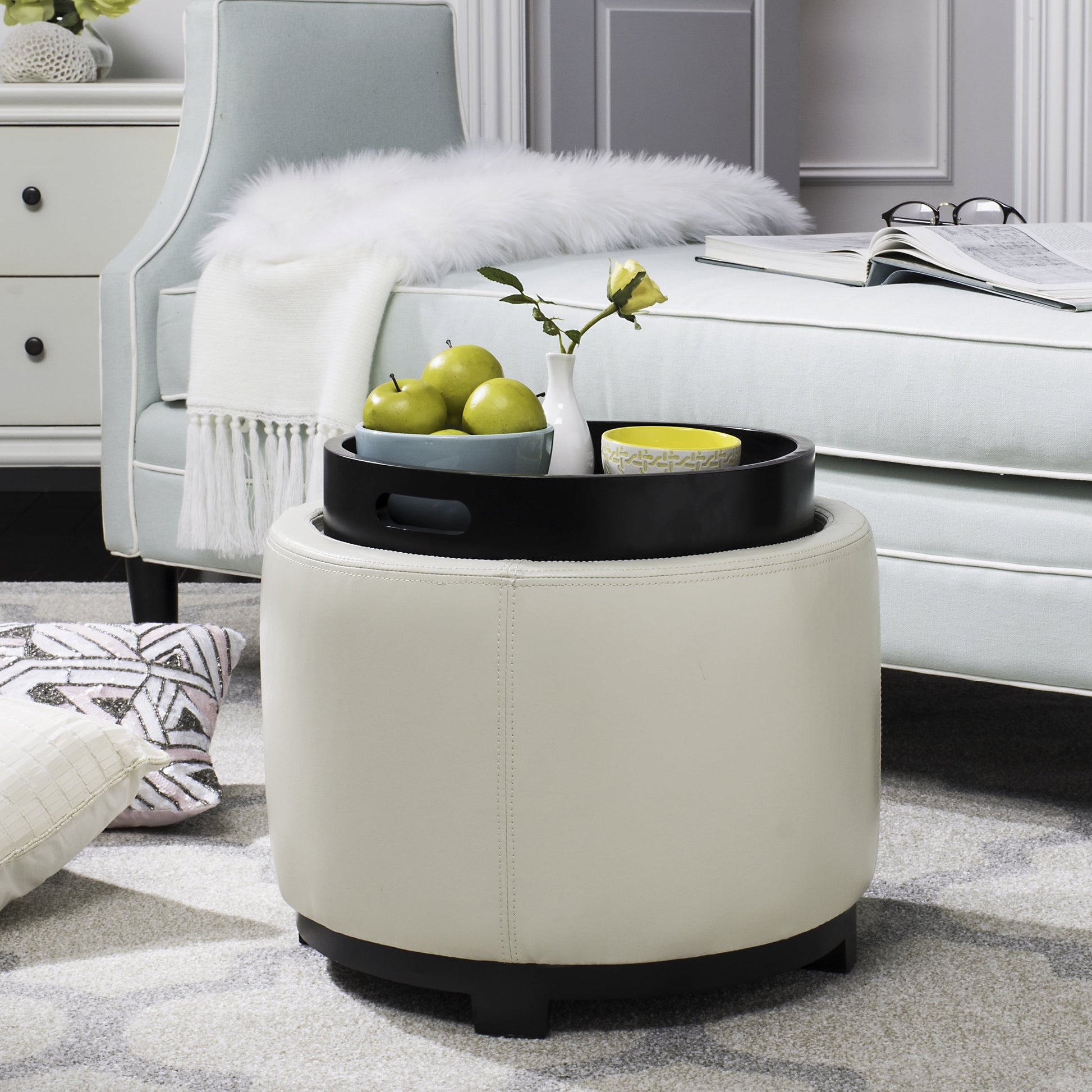 Safavieh Round Upholstered Storage Ottoman, Off-White