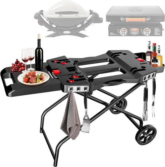 Searglow Portable Grill Cart for Weber Q1200, Q1000, Q2200, Q2000, Collapsible Griddle Stand for Blackstone 17" 22" Table Top Griddles, Outdoor Portable Folding Cart