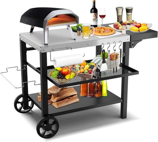 Searglow Stainless Steel Portable BBQ Grilling Station, Three-Shelf Tabletop Kitchen Patio Cart