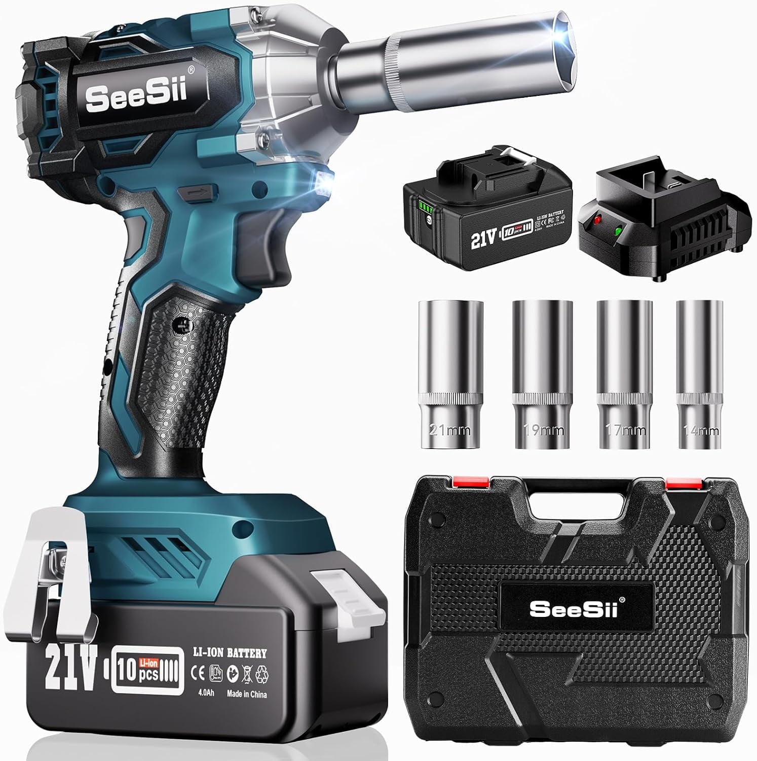 SeeSii 450N.m Cordless Impact Wrench, 3/8" 21V Brushless Powered Impact Gun with 4.0Ah Battery, Fast Charger, 4 Sockets, Variable Speeds 330Ft-Ibs Impact Driver for Car/Truck/Mower, WH450