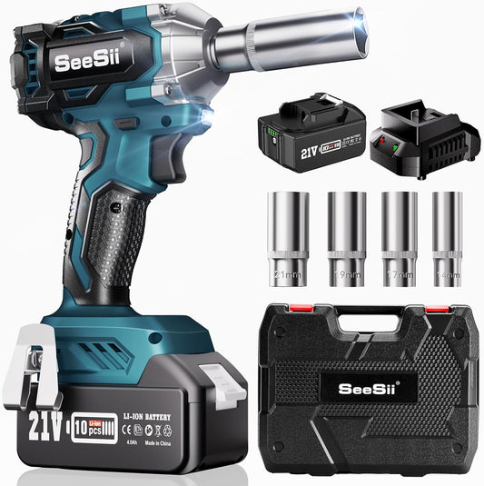 SeeSii 450N.m Cordless Impact Wrench, 3/8" 21V Brushless Powered Impact Gun with 4.0Ah Battery, Fast Charger, 4 Sockets, Variable Speeds 330Ft-Ibs Impact Driver for Car/Truck/Mower, WH450