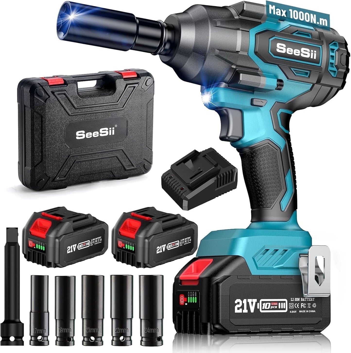 Seesii 1/2'' Cordless Impact Wrench 1000N.m, 2400RPM High Torque 740ft-lbs Brushless Impact Gun, Powered Impact Driver w/ 2x 4.0Ah Batteries & Fast Charger for Truck Tires, Automotive Repair, WH760
