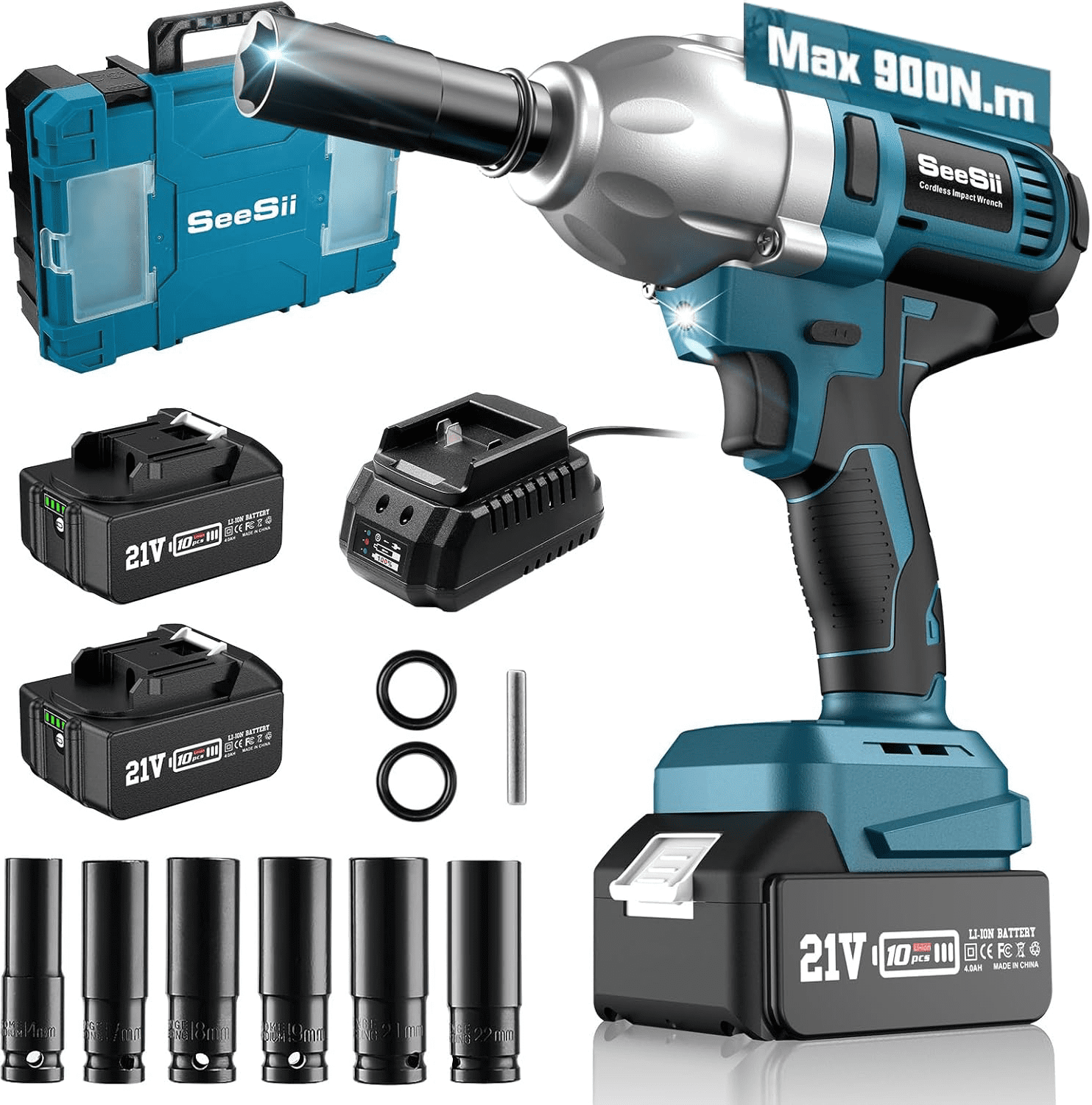 Seesii Cordless Impact Wrench 900N.m(665Ft-lbs), 1/2'' Power Brushless Impact Driver w/ 2x 21V Batteries, Fast Charger & 6 Impact Sockets (14/17/18/19/21/22mm), 3300RPM High Torque Impact Gun, WH710