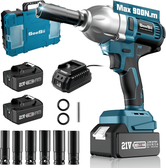 Seesii Cordless Impact Wrench 900N.m(665Ft-lbs), 1/2'' Power Brushless Impact Driver w/ 2x 21V Batteries, Fast Charger & 6 Impact Sockets (14/17/18/19/21/22mm), 3300RPM High Torque Impact Gun, WH710